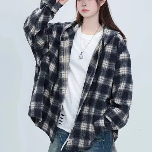 American Brushed Plaid Hooded Shirt Men's Autumn and Winter Thickened Lazy Style Jacket Retro Casual Shirt Couple Style