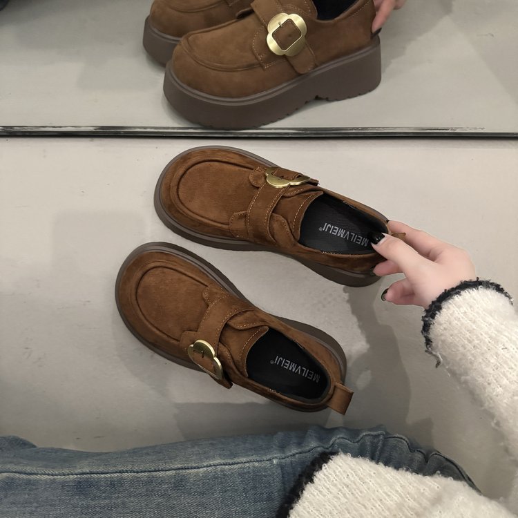 复古松糕厚底乐福单鞋女2025秋季新款全包勃肯鞋魔术贴棕色小皮鞋|undefined