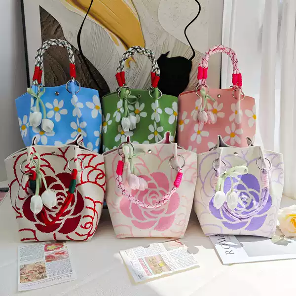 New Teacher's Day Gift Bag, Flower Knitted Handbag, Large Capacity, Cute, Portable Handbag for Work and Commuting