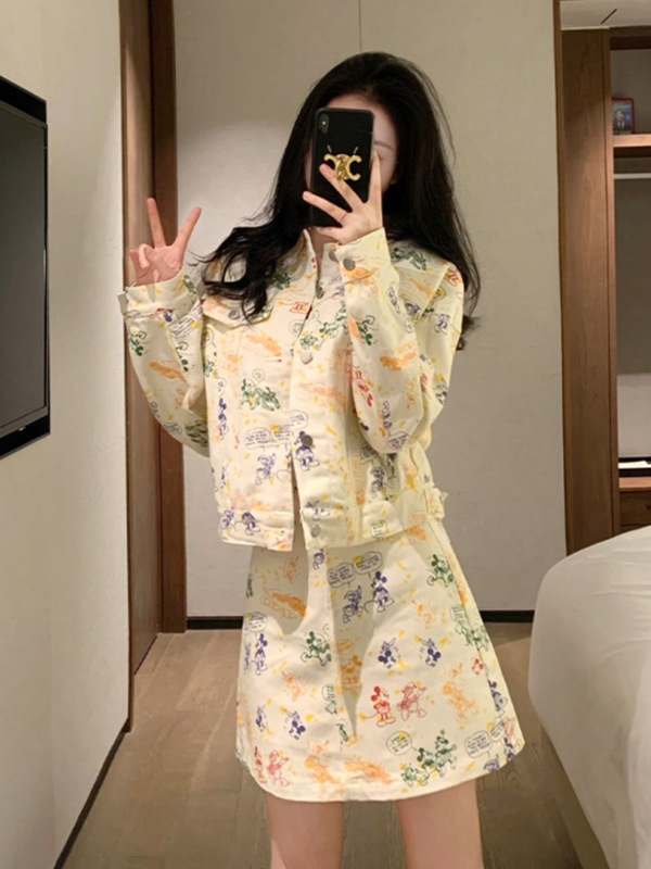网红韩版甜美牛仔裙套装时尚春秋装女新款洋气纯欲风小个子裙子|undefined