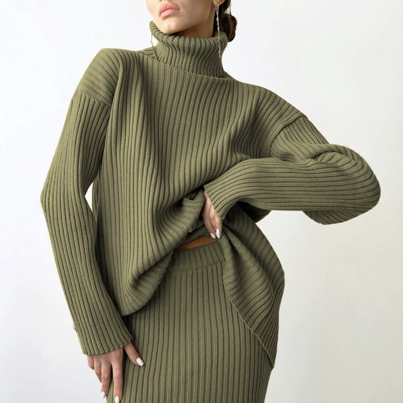 European and American Style Turtleneck Sweater Set for Women, Loose and Warm Pullover Ribbed Skirt Sweater Two-Piece Set, Cross-Border Hot Item