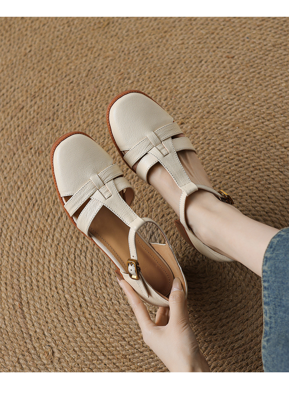 Sandal nữ quai ngang da cừu kiểu La Mã đế dày khoét lỗ dệt — Màu trắng nhạt chi tiết 1