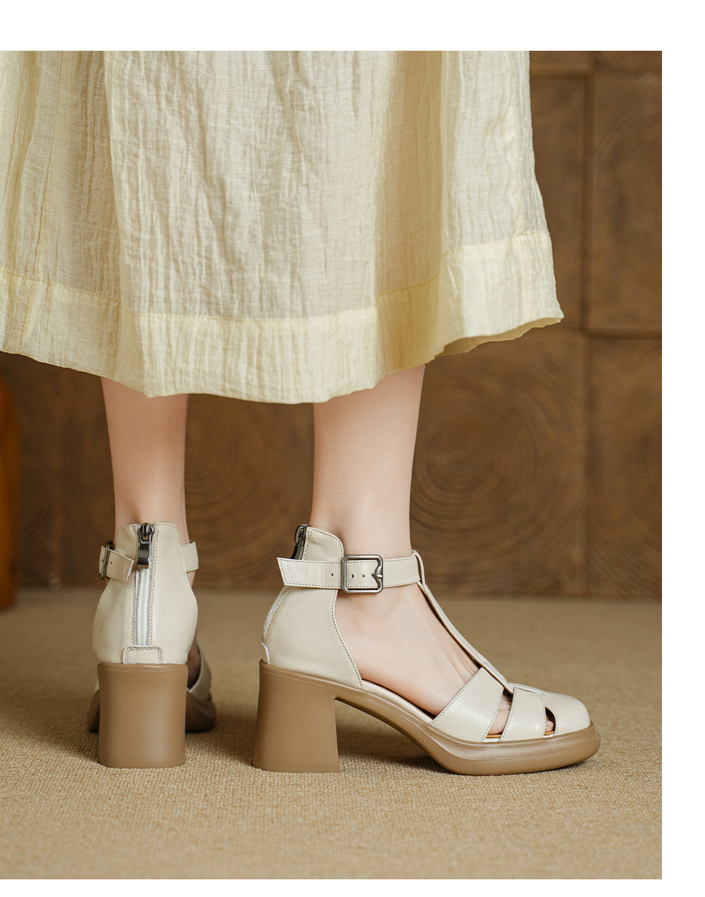 Sandal cao gót nữ phong cách La Mã, mũi kín gót kín, quai chữ T, gót 7.5 cm — màu trắng ngà chi tiết 3