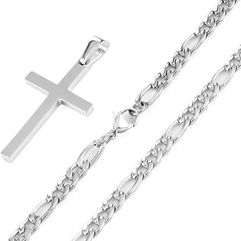 Collier simple et tendance pour homme, fusionnant les cultures européenne et américaine. Nouveau bijou transfrontalier : pendentif croix en acier inoxydable, chaîne cubaine, style européen et américain._voghion.com