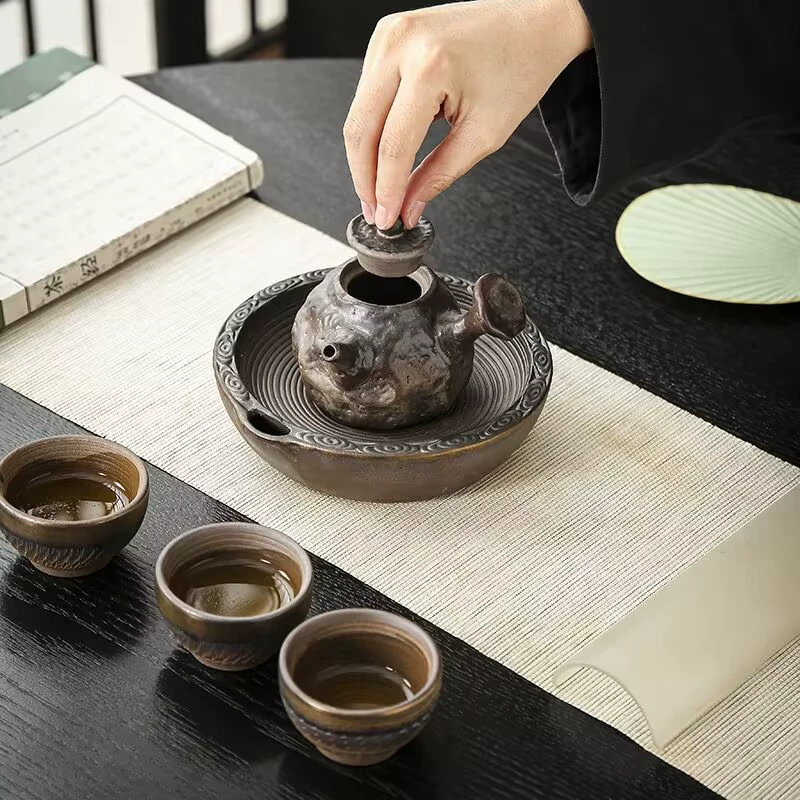 Rough ceramic minimalist creative ceramic teapot warmer drying tray water-storing Chinese vintage teapot doily small tea tray