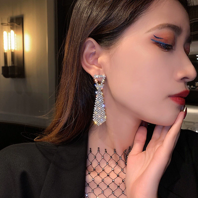 Tie, fashionable earrings, silver 925 sample, European style, diamond encrusted