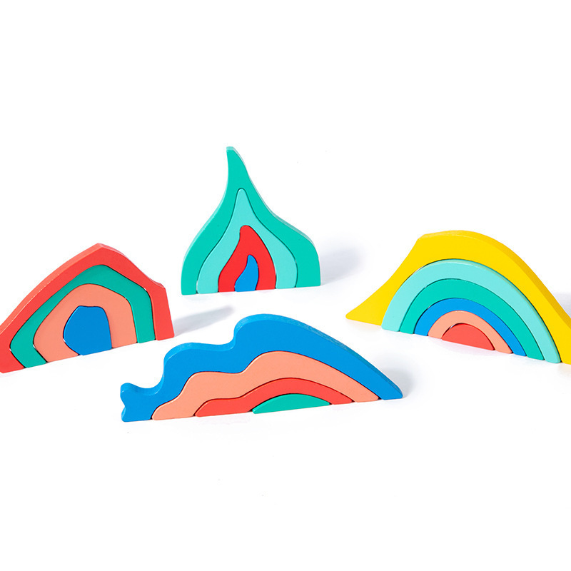 Bloques de construcción de cuatro elementos de madera para niños cuatro elementos de viento, fuego y agua se pueden ensamblar bloques de construcción juguetes de jardín de infantes al por mayor