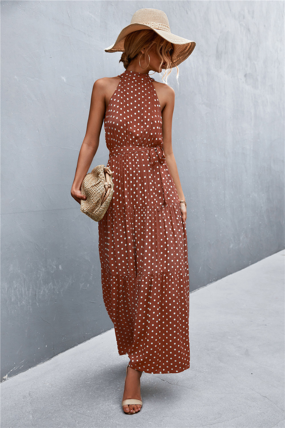 flower/polka dots print sleeveless round neck lace-up long dress NSLNZ123428