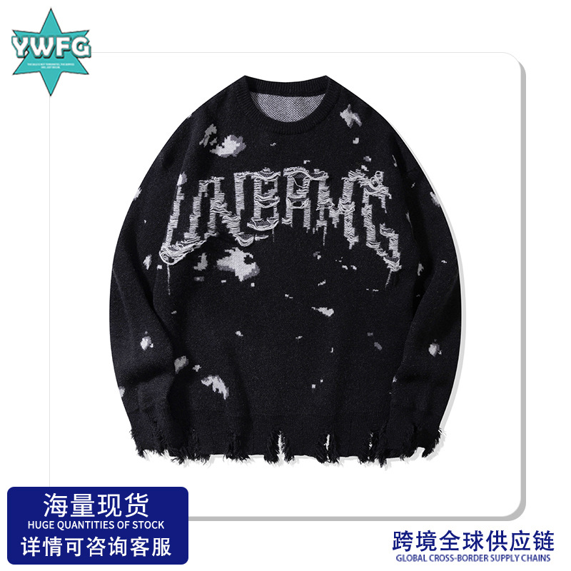 YWFG ropa de mujer retro letras americanas agujeros 2024 otoño pareja alta versátil cuello redondo manga larga jersey image 1