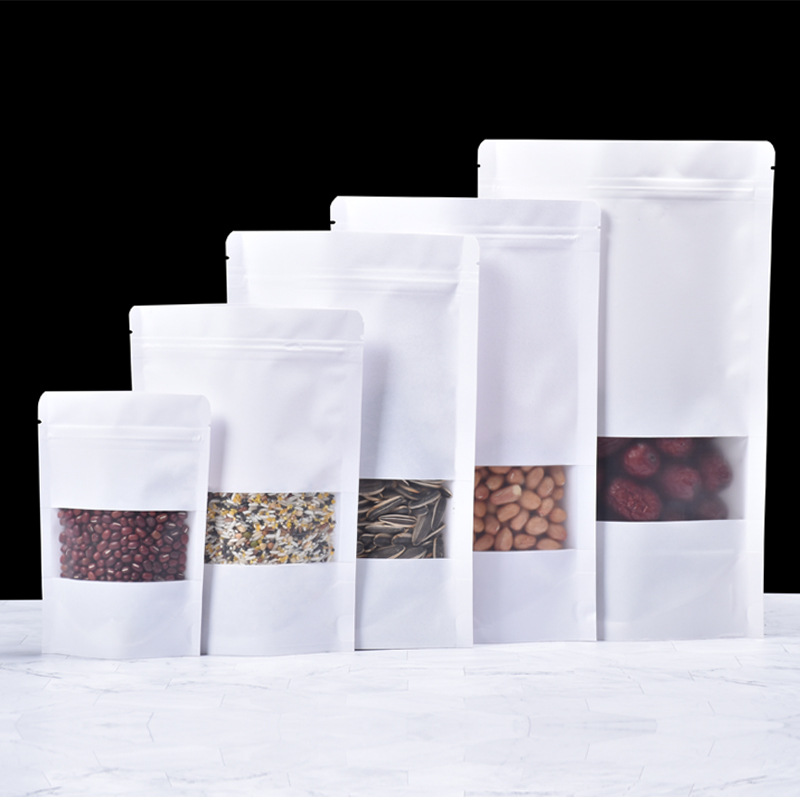 现货白色牛皮纸袋休闲食品包装袋透明磨砂自立自封袋坚果密封袋