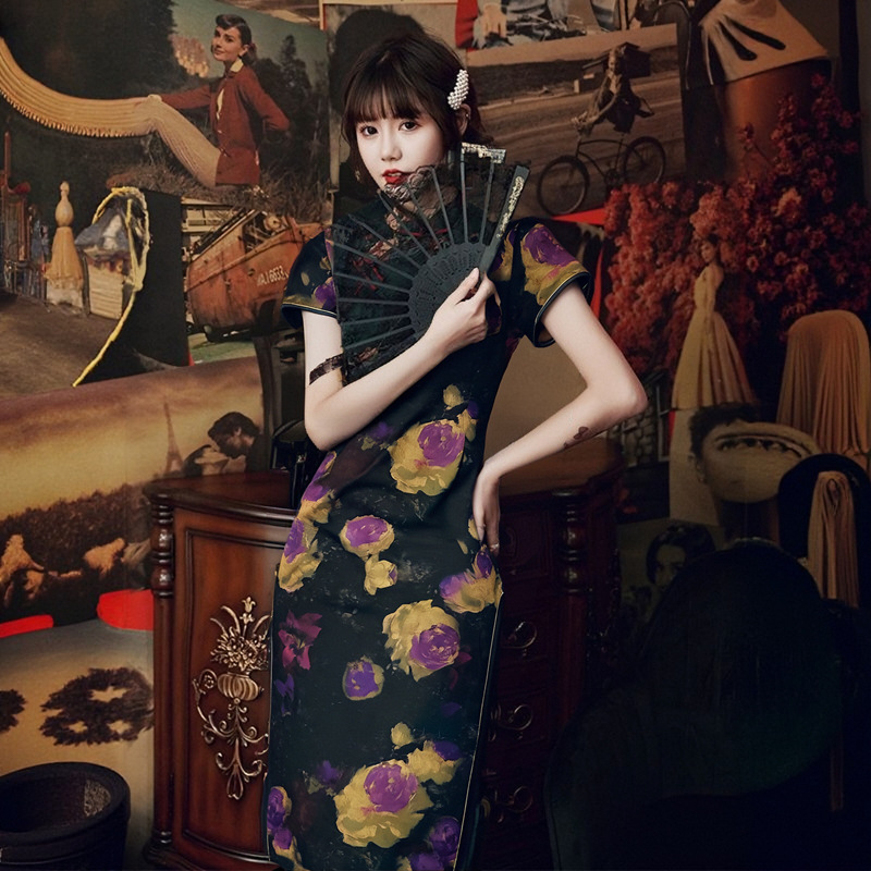 반팔롱치파오 [샹시야오] - 블랙