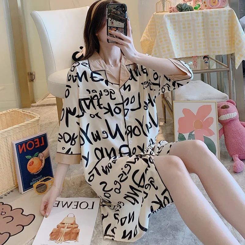 2024 nuevo pijama de seda de hielo mujeres de verano cardigan de manga corta pijama largo medio delgado sexy ropa de hogar suelta