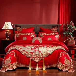 Nine-Piece Wedding Room Set, Six-Piece Wedding Set, Four-Piece Wedding Set, Bright Red Pure Cotton Dragon and Phoenix Cotton Quilt Cover Bedding