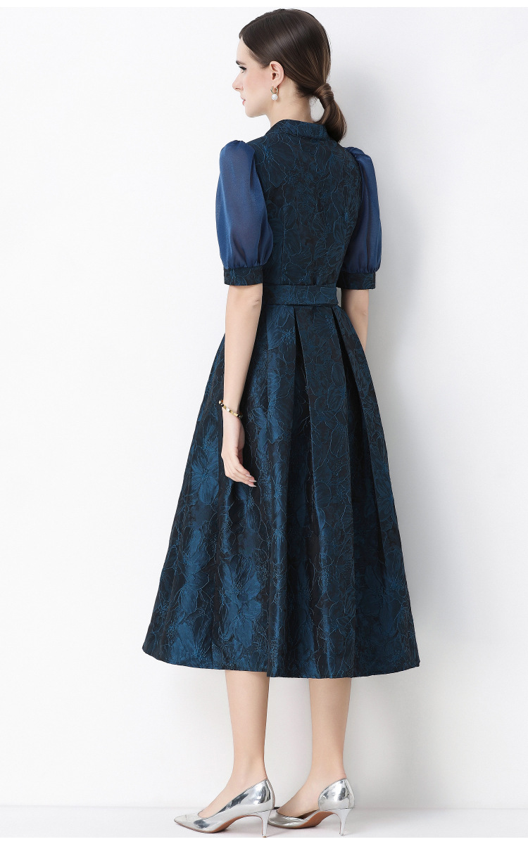 Đầm maxi nữ thắt eo V cổ tay ngắn họa tiết jacquard thanh lịch — màu đen, xanh lam, Màu hồng, màu trắng chi tiết 36