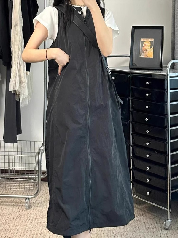 山系黑色工装机能风背心裙女春秋款连衣裙微胖大码胖mm显瘦背带裙|undefined