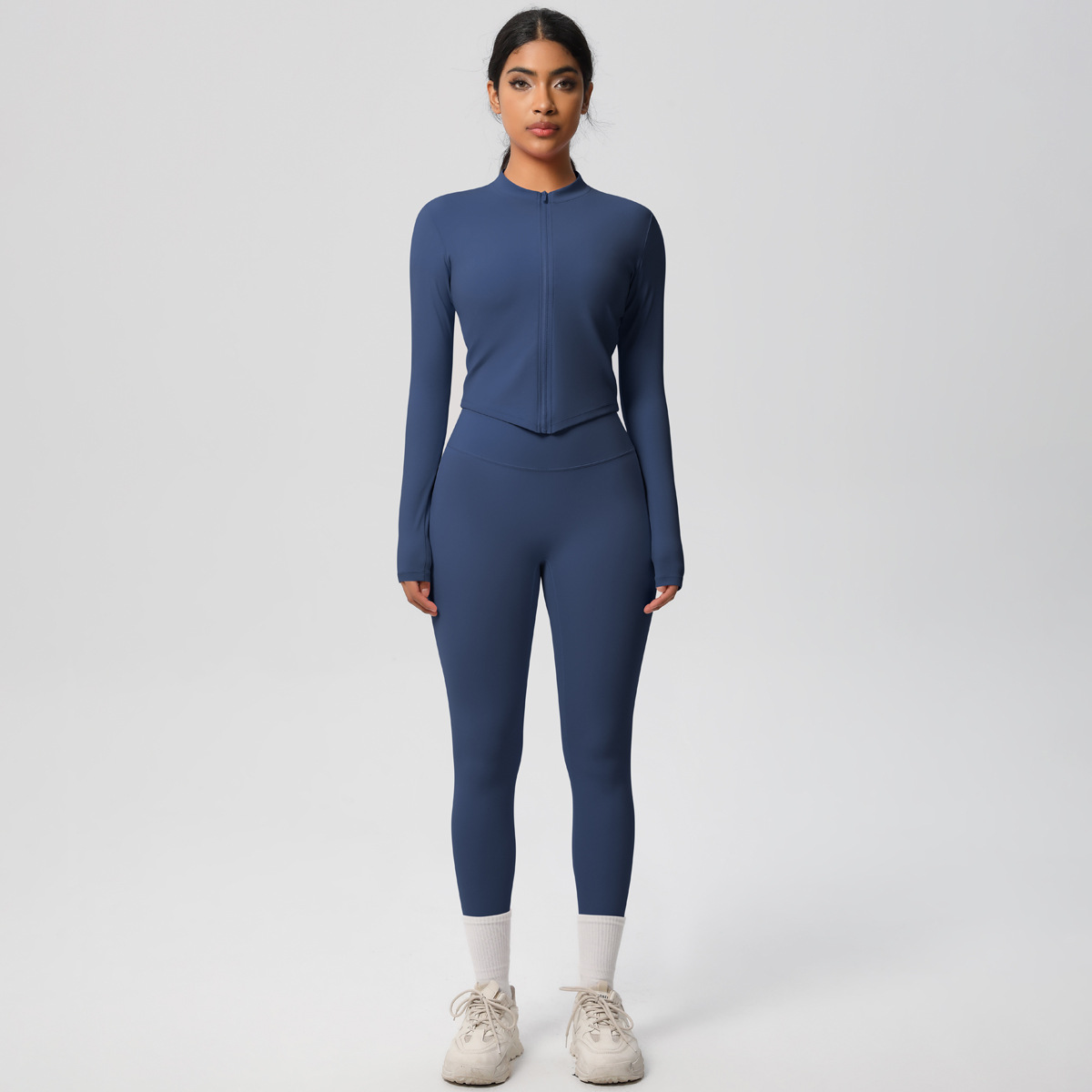 国境を越えた欧米の新型毛磨き裸感修身運動ファスナー長袖高腰ズボンセットフィットネスヨガセット