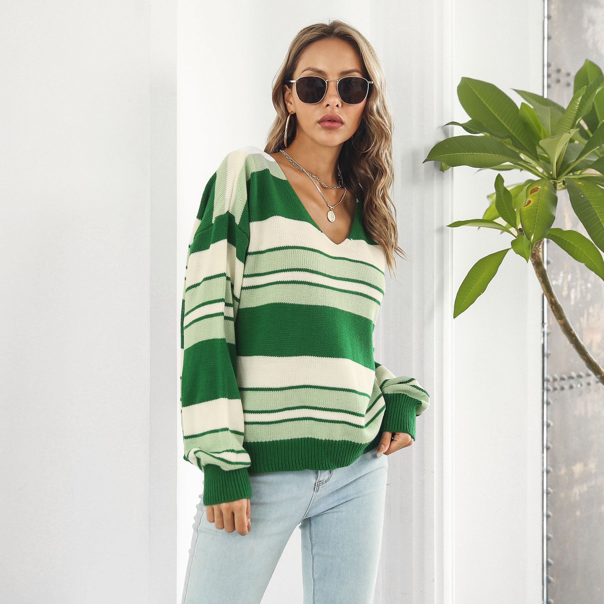Striped Gradient Color V neck Long Sleeved Women Loose Autumn Winter Knitwear Sweater 10 Striped Gradient Color V neck Long Sleeved Women Loose Autumn Winter Knitwear Sweater