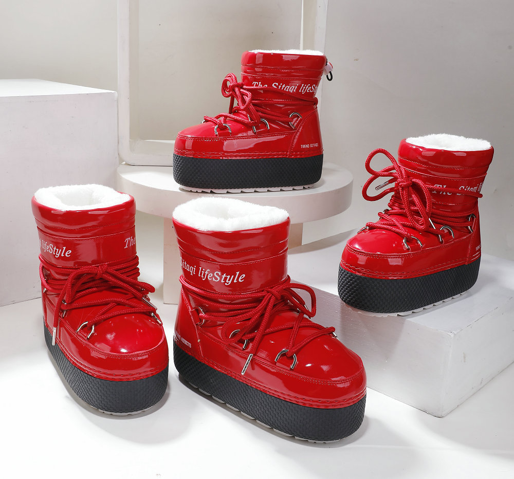 Inventario personalizado multi-color brillante padres niños niños hombres y mujeres nieve gruesa base espacio luna botas gruesas impermeables antideslizantes y cálidas
