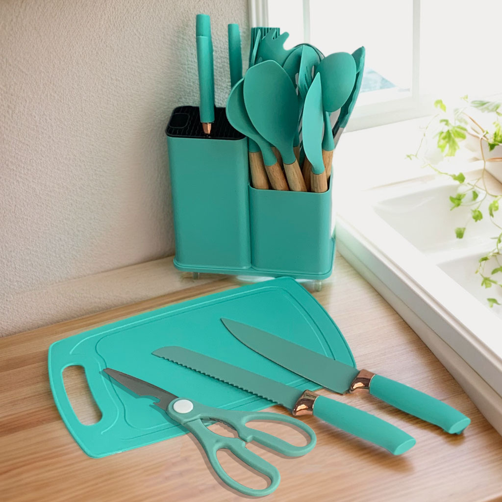 Juego de utensilios de cocina de fábrica de 19 piezas, juego de cuchillos domésticos de silicona, cubo de almacenamiento de cocina, cocina transfronteriza