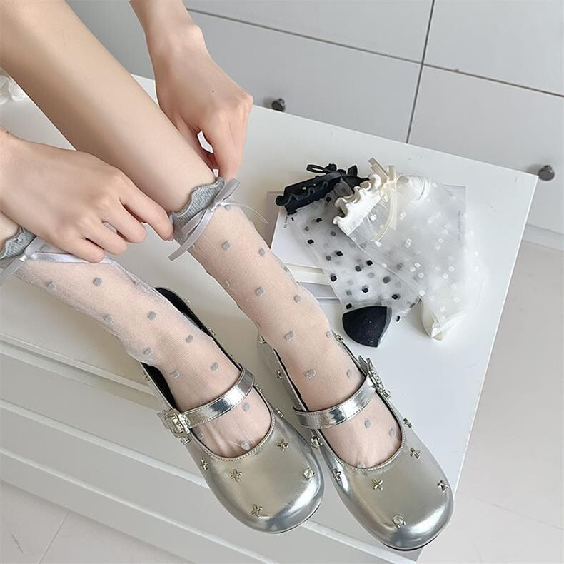 Women's Summer Thin Transparent Glass Silk Bubble Sweet Bow Card Stockings Japanese Style Polka Dot Socks