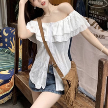 大码一字肩短袖衬衫女2025新款夏季胖MM收腰显瘦甜辣风露肩衬衣女