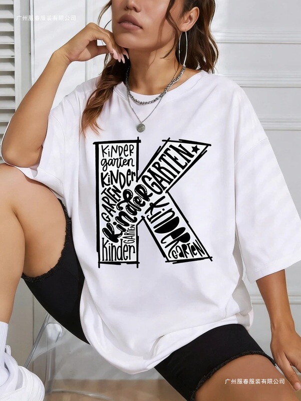 Cross-Border Women's Short-Sleeved Summer Casual Cotton Oversized Funny Pattern Printed Kindergarten T-Shirt Gift for Her