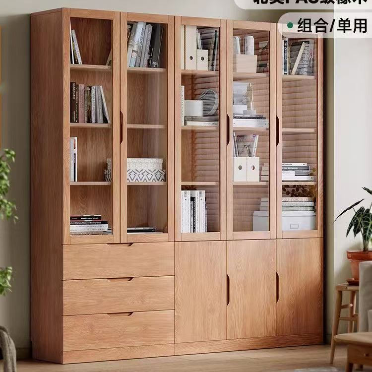 All Solid Wood Living Room Bookcase Integrated Whole Wall Glass Door Storage Storage Display Cabinet Study Wall Bookshelf Storage Rack