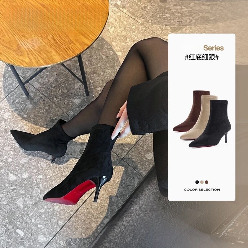 Dayao New Year Boots [Red Sole] Pointed Toe Thin Heel Slim Boots for Women, Suede Soft Sole Comfortable High Heel Ankle Boots for Women