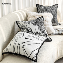 北欧黑白线条沙发抱枕客厅法式杨梅树雪尼尔靠枕样板间装饰靠垫