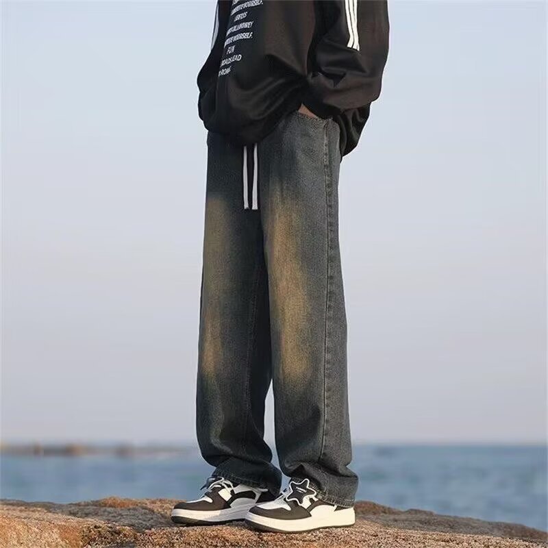 2025 New Retro Blue Jeans Men's Spring and Autumn Drawstring Loose Straight Wide Leg Pants Boys Pants Summer