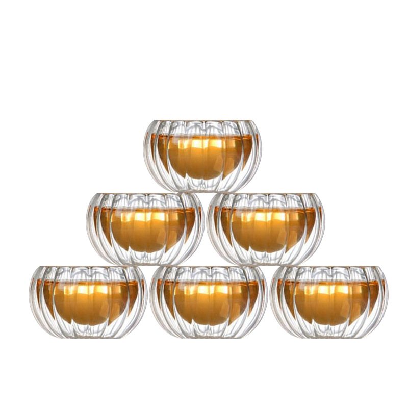 Venta al por mayor de vidrio borosilicato calabaza a rayas taza de té hogar Kung Fu juego de té de vidrio doble taza de té pequeña