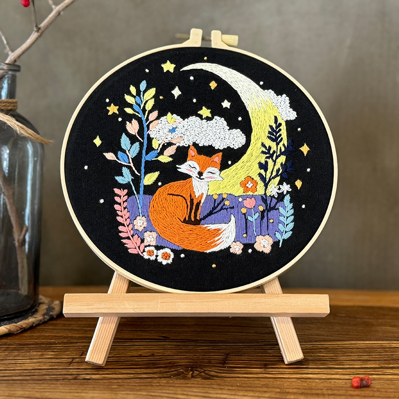 Caricatura encantadora pequeña zorro colgar pintura bordada DIY material de mano bolsas Lu bordado colgante inglés animal colgar pintura de sala de estar