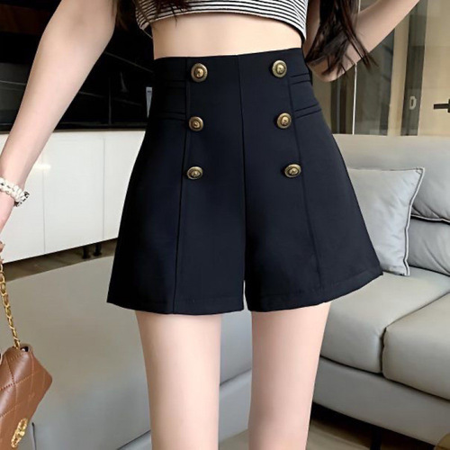 Double-breasted black high-waisted slim-fitting 2025 summer suit shorts for outerwear, stylish and slimming casual pants