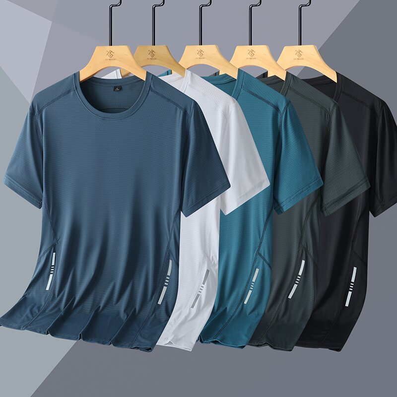 Camiseta de seda helada transfronteriza para hombre, estilo delgado de verano, talla grande, manga corta, ajuste holgado, para correr, deportes, camisa casual de aire acondicionado de manga corta.