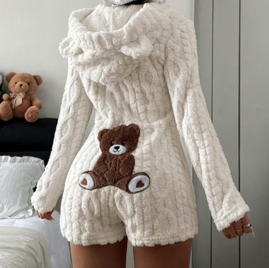 2026 European and American Amazon Independent Site Autumn and Winter New Women's Casual Solid Color Hooded Long-Sleeved Plush Jumpsuit