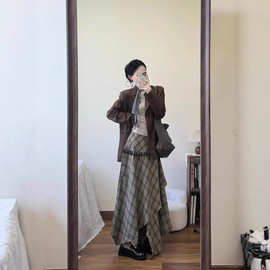 跨境代发 三件套女韩系秋冬新款西装麂皮外套打底上衣格纹半身裙