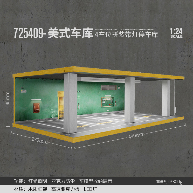 Comercio exterior al por mayor transfronterizo 1 24 simulación modelo de coche estacionamiento modelo escena garaje pantalla con decoración ligera