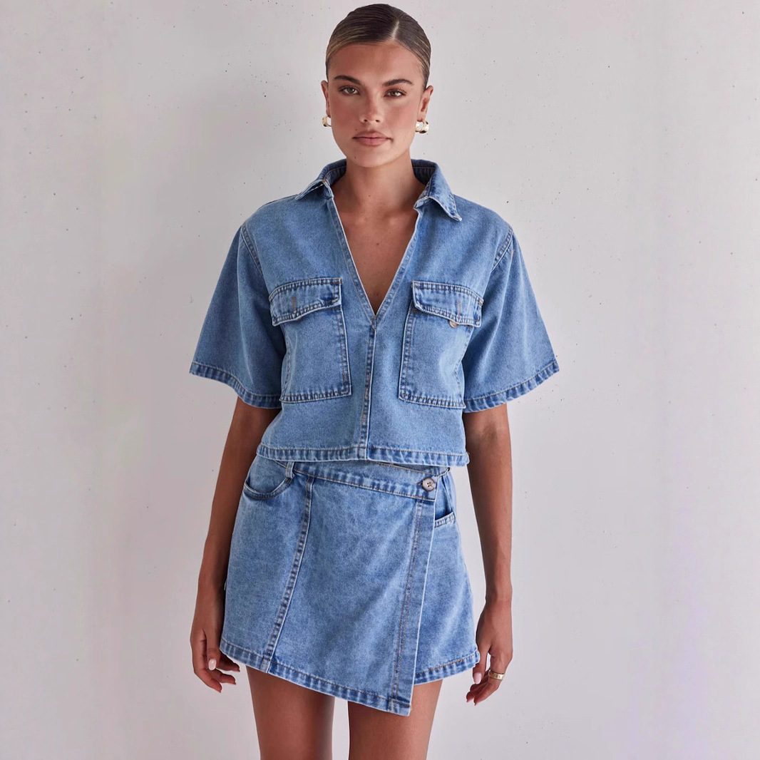 Set di pantaloni e gonna in denim da lavoro in stile europeo e americano, moda irregolare 2025, vendita calda transfrontaliera_voghion.com