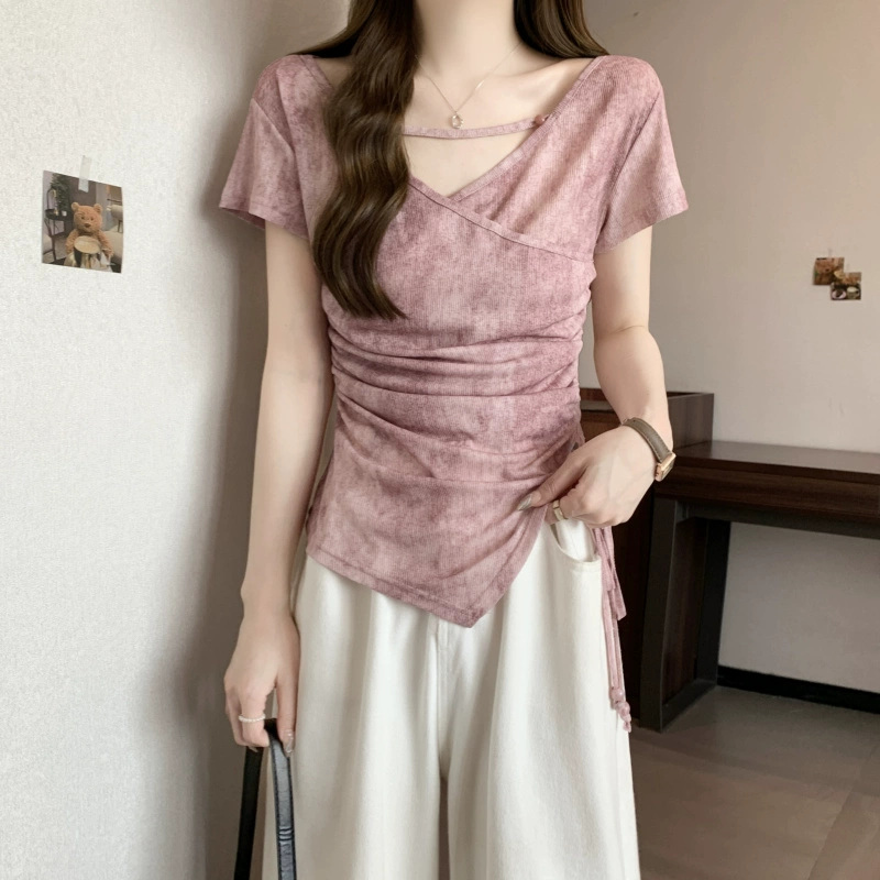 Негулярный V-образный вырез с короткими рукавами футболка женский большой размер летом толстый мм тонкий дизайн короткий стек с галстуком