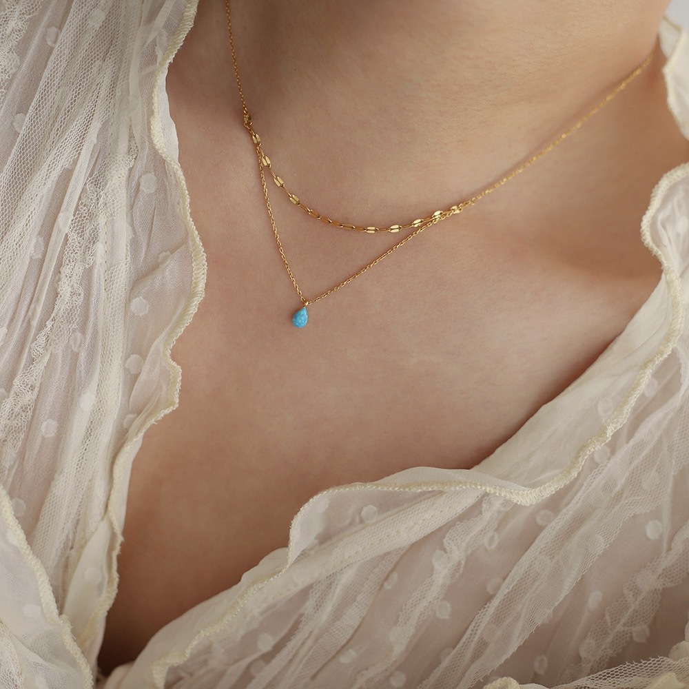 Linglang Blue Tears Water Drop Pendant Necklace 18K Gold Plated Layered Necklace Gold Chain Layering Jewelry