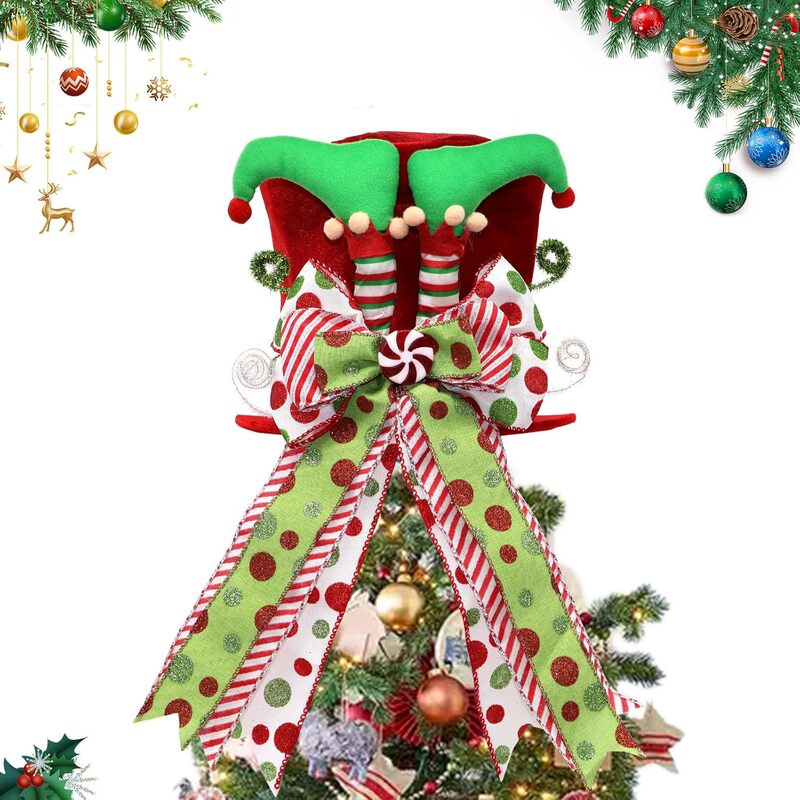 Cross-Border Popular Christmas Decoration Christmas Tree Top Hat Elf Legs Compressible Folding Bow Hat Tree Top Star