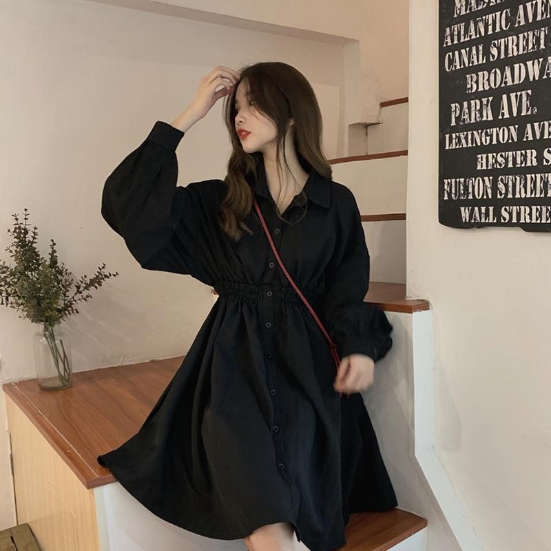 法式复古中长款连衣裙女韩版chic长袖衬衫裙黑色裙子秋季2023新款