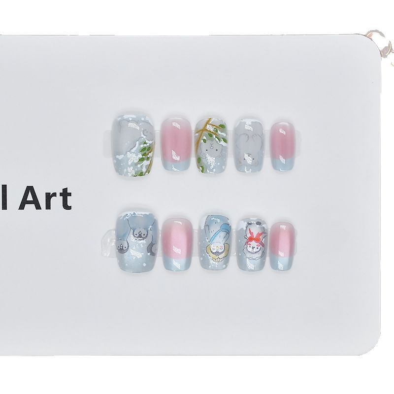 Cartoon para niños que usan uñas de hielo y nieve de verano nuevos productos de cristal ojos de gato hielo azul uñas falsas productos terminados cortos