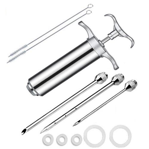 New three-needle stainless steel seasoning turkey syringe turkey needle 2OZ with cleaning brush barbecue tools