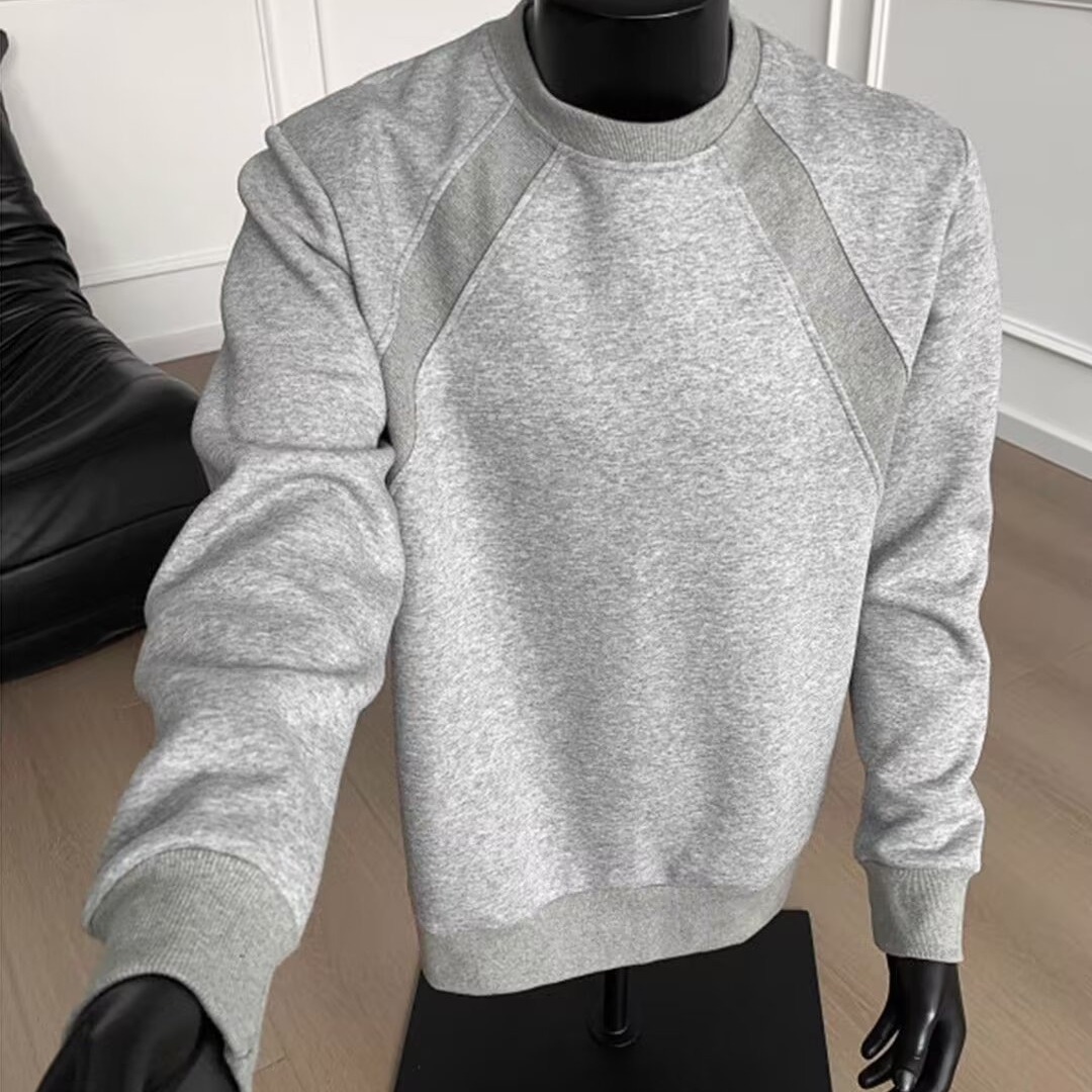 外贸批发秋冬拼接卫衣男加绒保暖耐穿上衣纯色简约圆领打底衫内搭