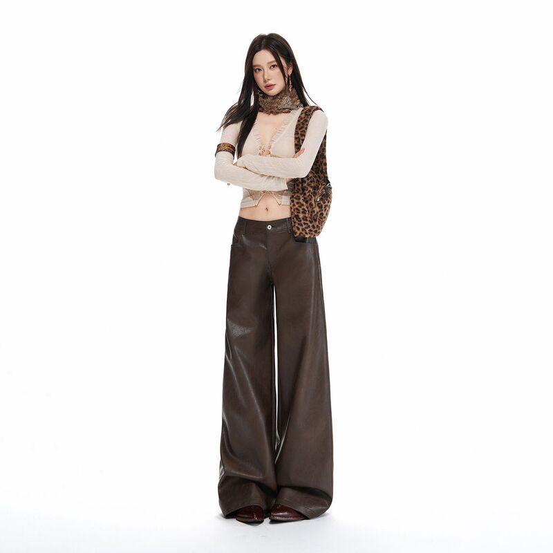 2026 Autumn/Winter New American Retro Mid-Low Waist Warm Micro-Loose Straight Casual Leather Pants for Women, PU Women's Pants 2026 Autumn/Winter New American Retro Mid-Low Waist Warm Micro-Loose Straight Casual Leather Pants for Women, PU Women's Pants