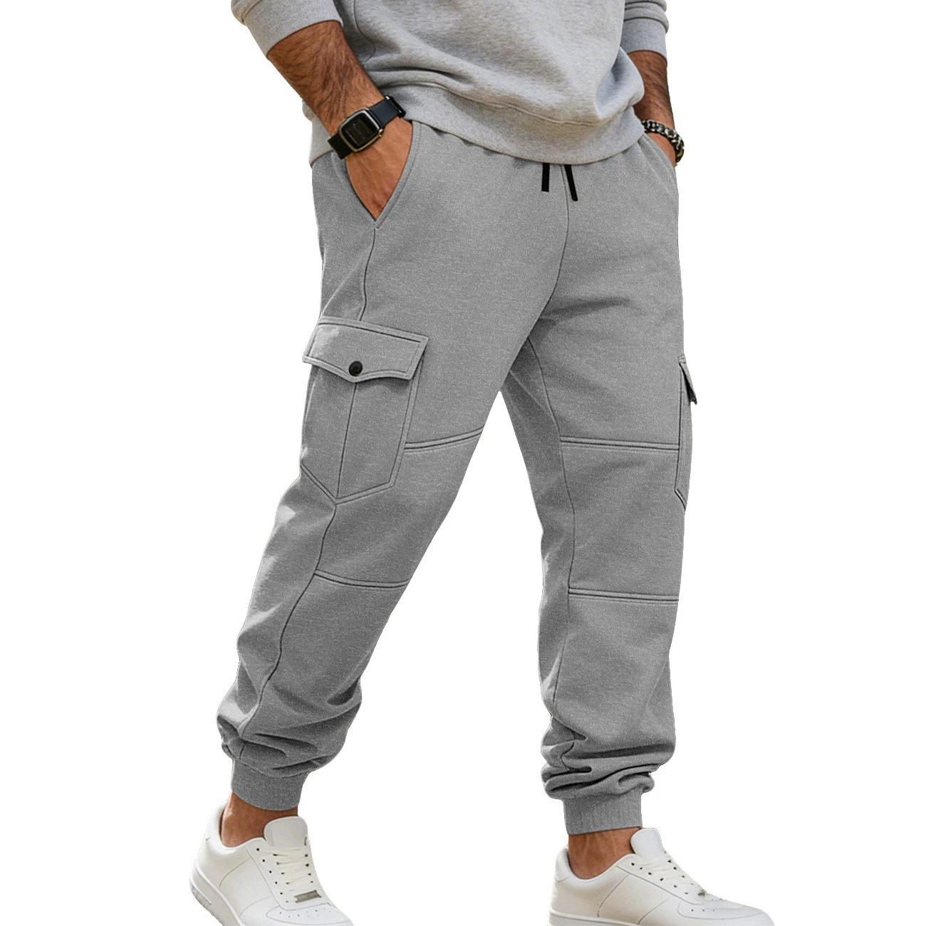 Transfronterizos Europa y América Amazon otoño y invierno más vello pesado pull cordón hombre deportivo relajado ocio multi-bolsillo pantalones de trabajo