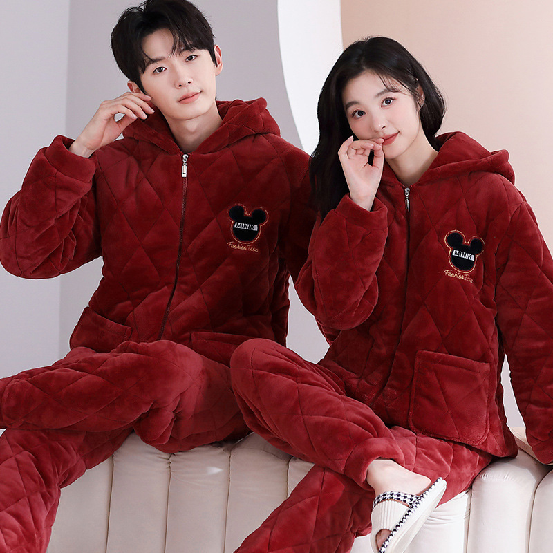 3 층 퀼트 파자마 겨울 후드 카디건 긴팔 두껍게 기모 빨간 가족 년 후드 커플 홈 옷