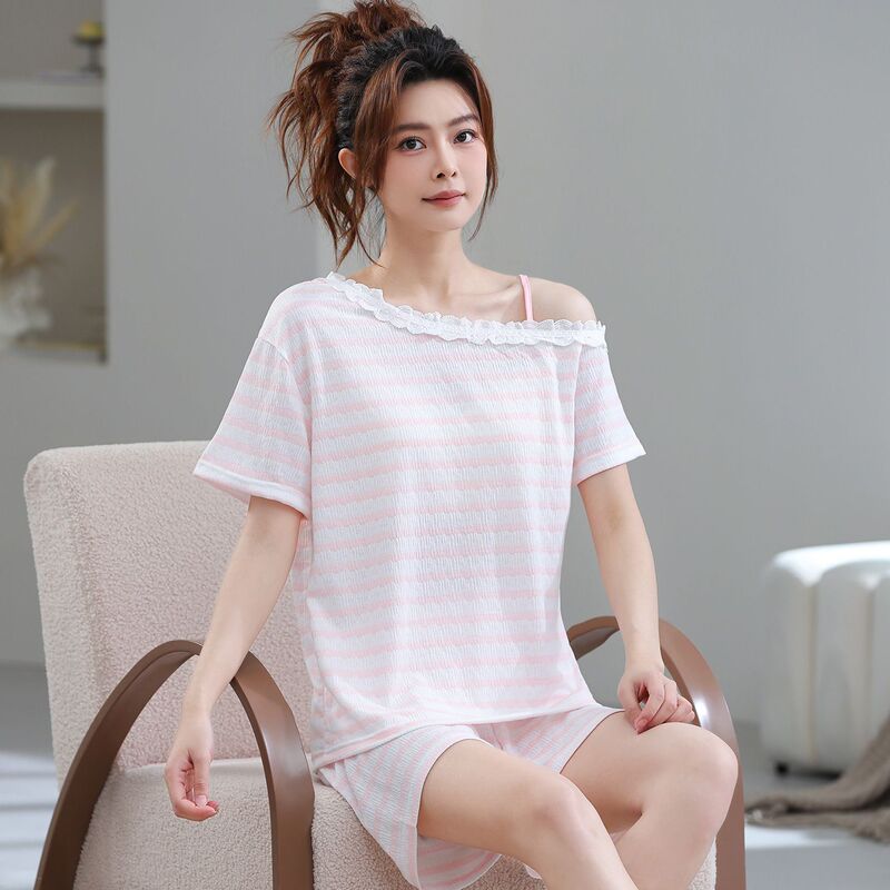 【Shengbei Cross-Border Selection】202 Spring/Summer New Short-Sleeve Shorts and Half-Strap Trendy Loungewear with Round Neck