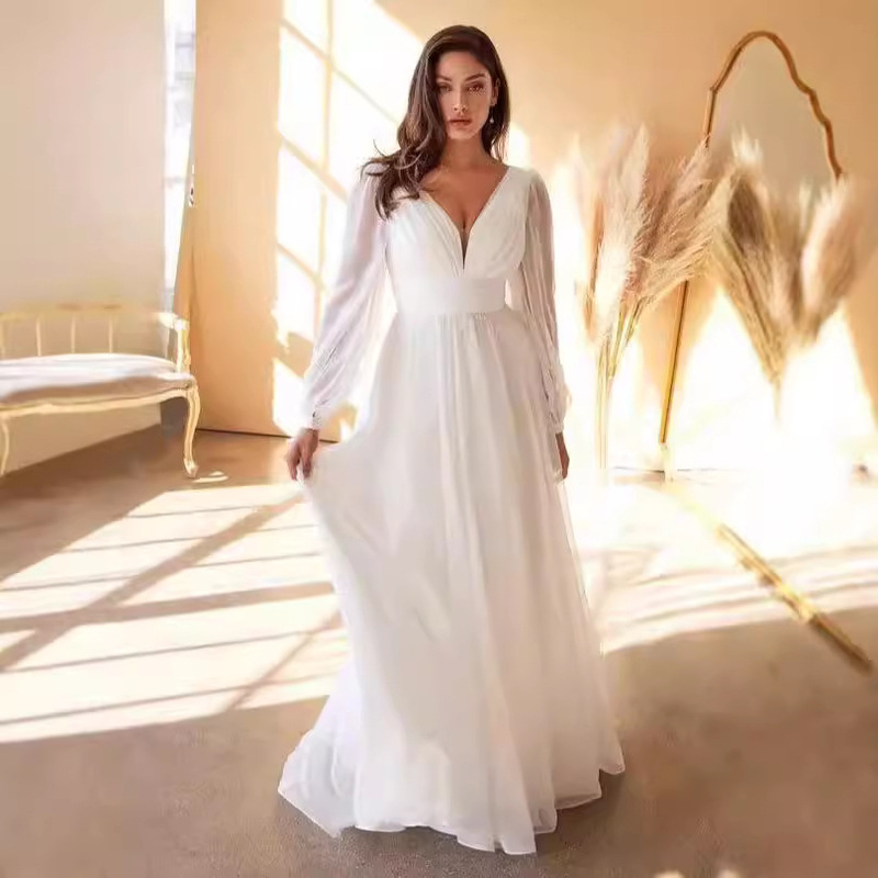 European and American style cross-border evening dress new long sleeve chiffon sexy temperament deep V side button bridesmaid dress factory direct supply